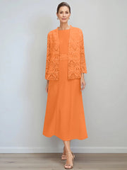 A Line Princess Jewel Neck Tea Length Mother Of The Bride Dresses With Jacket Lace