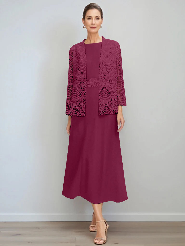 A Line Princess Jewel Neck Tea Length Mother Of The Bride Dresses With Jacket Lace