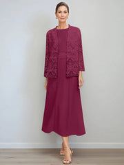 A Line Princess Jewel Neck Tea Length Mother Of The Bride Dresses With Jacket Lace