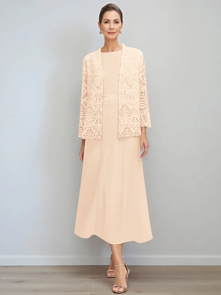 A Line Princess Jewel Neck Tea Length Mother Of The Bride Dresses With Jacket Lace