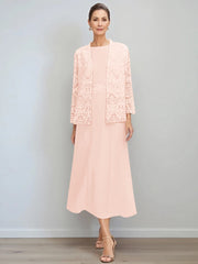 A Line Princess Jewel Neck Tea Length Mother Of The Bride Dresses With Jacket Lace