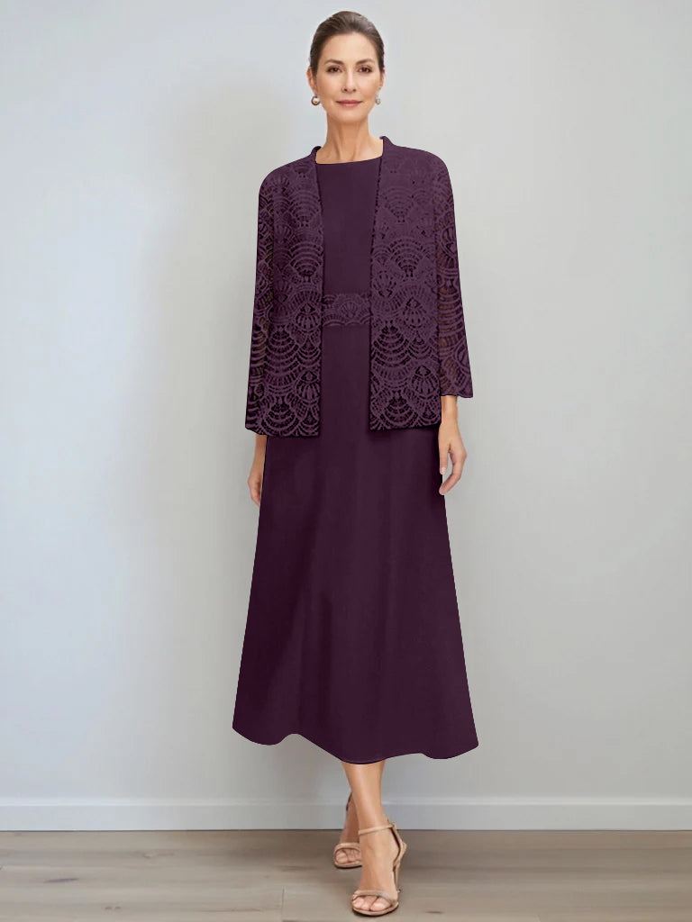 A Line Princess Jewel Neck Tea Length Mother Of The Bride Dresses With Jacket Lace