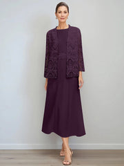 A Line Princess Jewel Neck Tea Length Mother Of The Bride Dresses With Jacket Lace