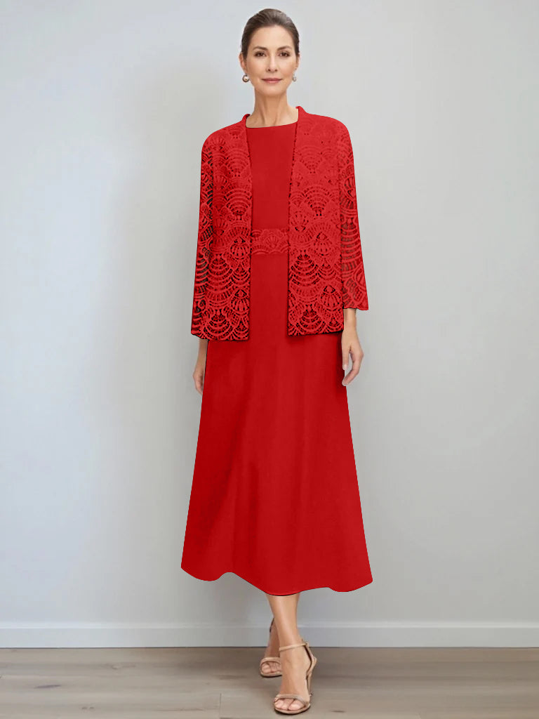 A Line Princess Jewel Neck Tea Length Mother Of The Bride Dresses With Jacket Lace