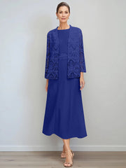 A Line Princess Jewel Neck Tea Length Mother Of The Bride Dresses With Jacket Lace