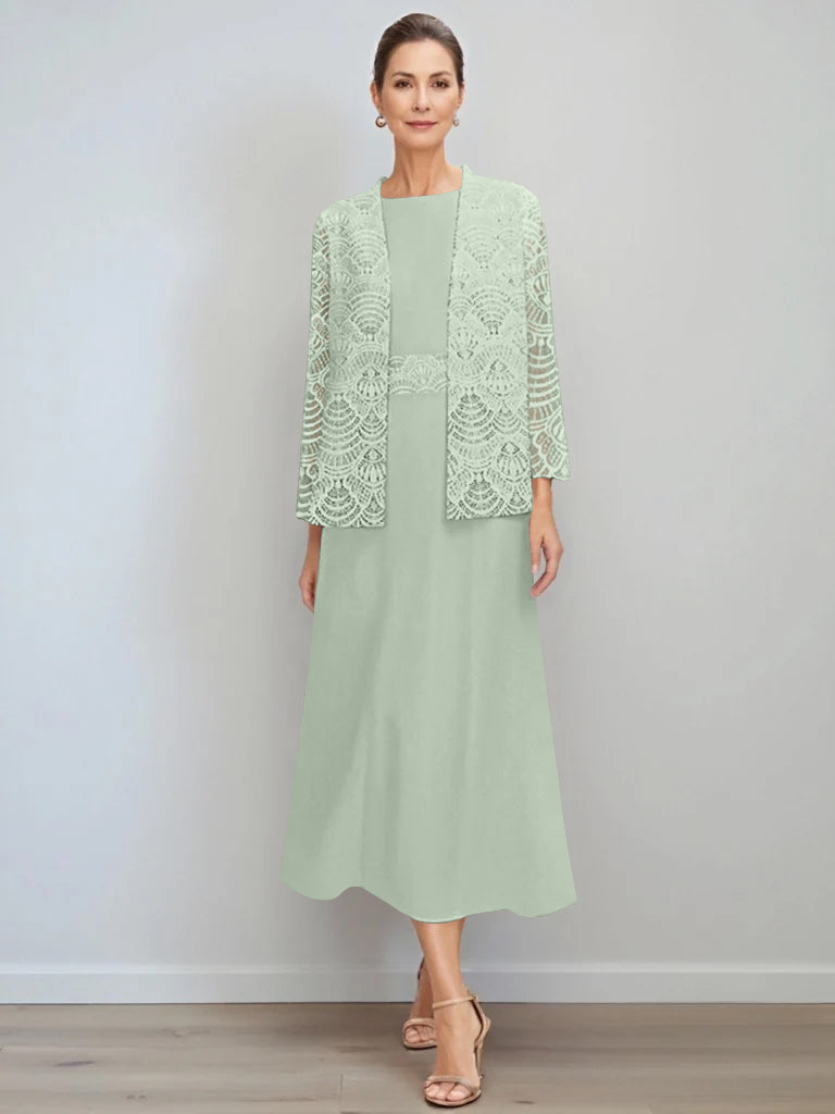 A Line Princess Jewel Neck Tea Length Mother Of The Bride Dresses With Jacket Lace