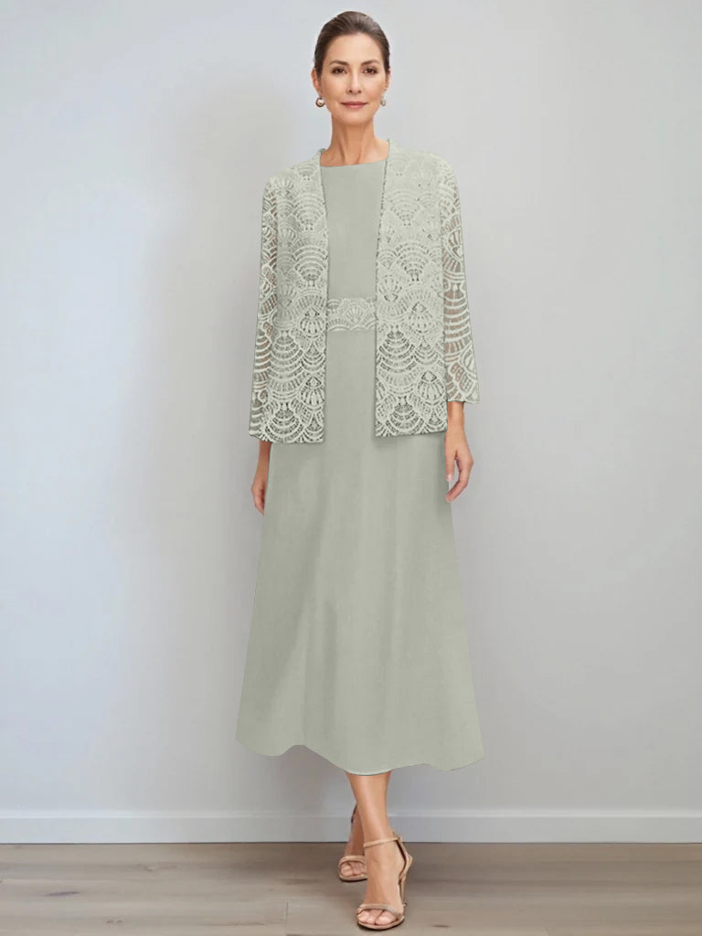A Line Princess Jewel Neck Tea Length Mother Of The Bride Dresses With Jacket Lace