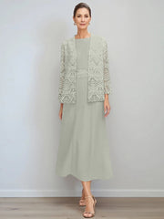 A Line Princess Jewel Neck Tea Length Mother Of The Bride Dresses With Jacket Lace