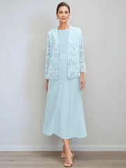 A Line Princess Jewel Neck Tea Length Mother Of The Bride Dresses With Jacket Lace