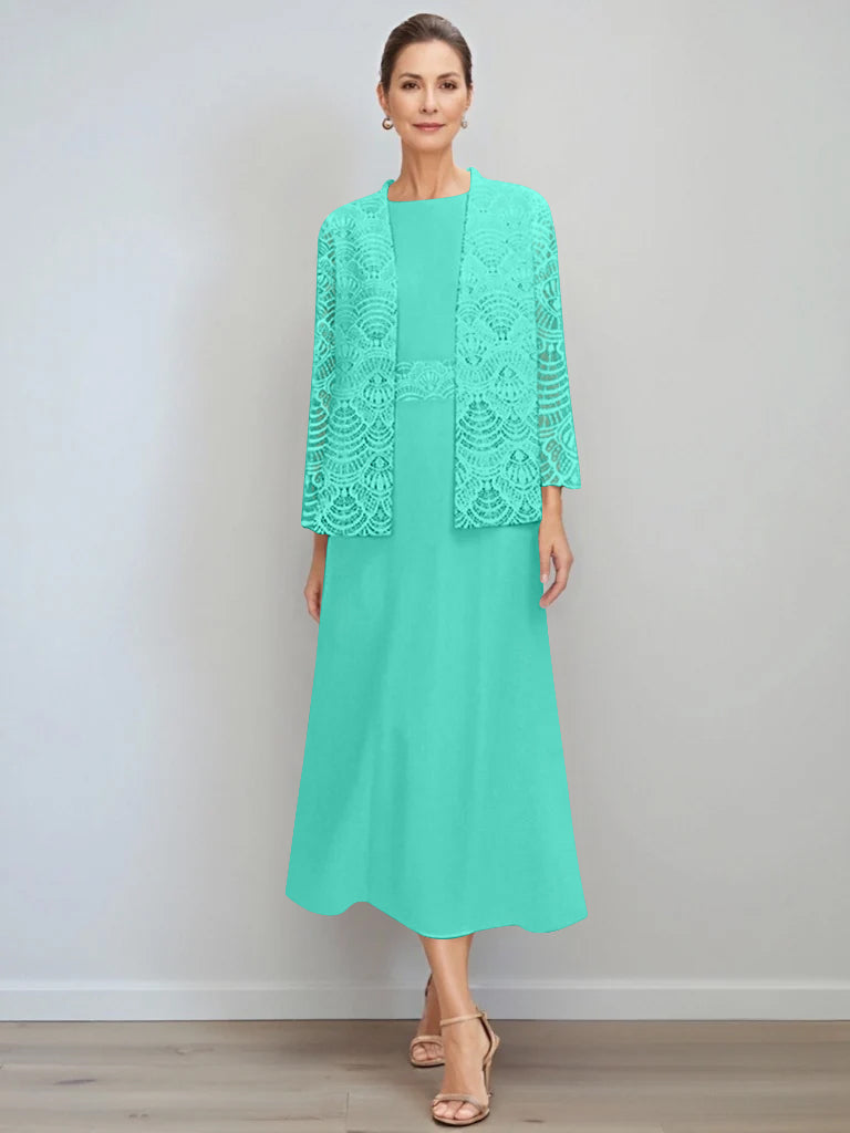A Line Princess Jewel Neck Tea Length Mother Of The Bride Dresses With Jacket Lace