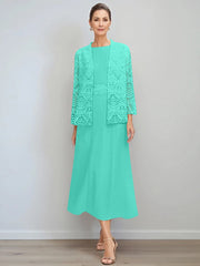 A Line Princess Jewel Neck Tea Length Mother Of The Bride Dresses With Jacket Lace