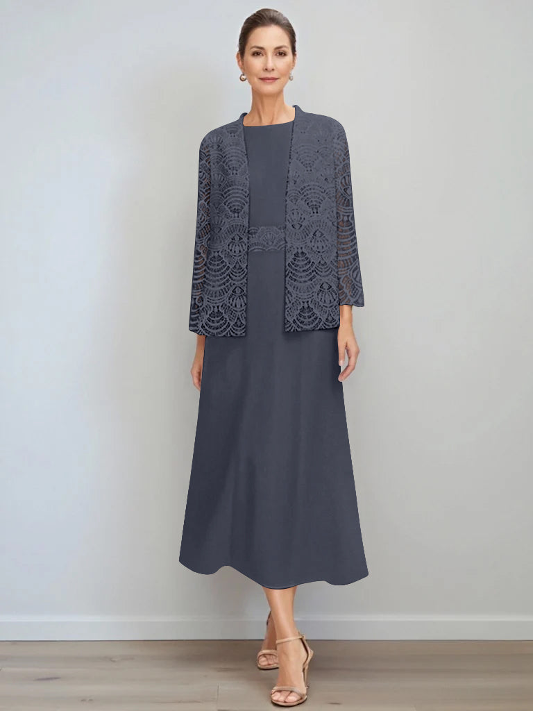 A Line Princess Jewel Neck Tea Length Mother Of The Bride Dresses With Jacket Lace