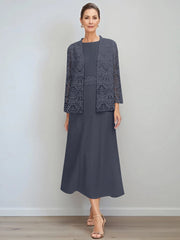 A Line Princess Jewel Neck Tea Length Mother Of The Bride Dresses With Jacket Lace