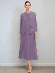 A Line Princess Jewel Neck Tea Length Mother Of The Bride Dresses With Jacket Lace