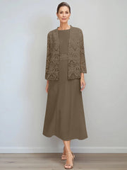 A Line Princess Jewel Neck Tea Length Mother Of The Bride Dresses With Jacket Lace