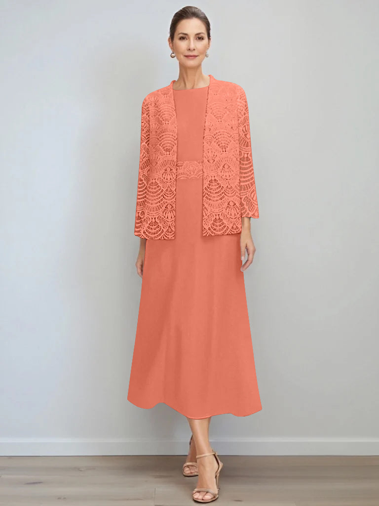 A Line Princess Jewel Neck Tea Length Mother Of The Bride Dresses With Jacket Lace