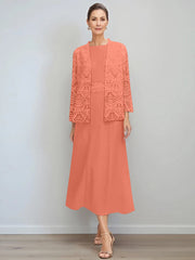 A-Line/Princess Jewel Neck Tea Length Mother of the Bride Dresses with Jacket & Lace