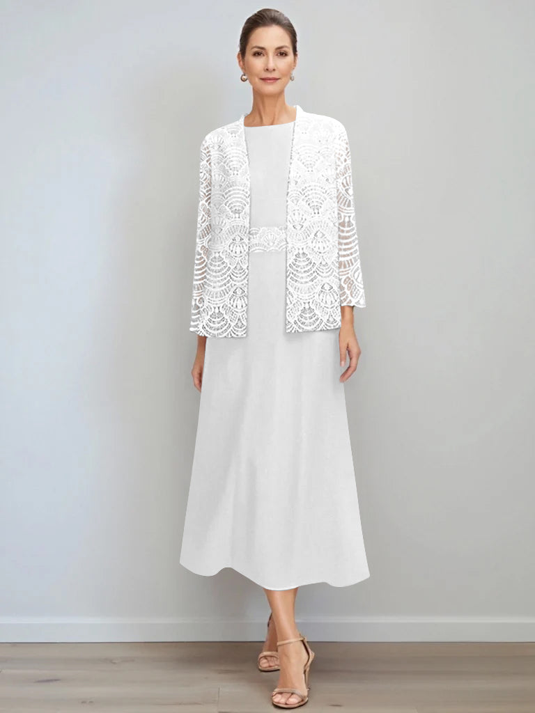 A Line Princess Jewel Neck Tea Length Mother Of The Bride Dresses With Jacket Lace