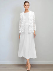 A Line Princess Jewel Neck Tea Length Mother Of The Bride Dresses With Jacket Lace