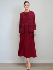 A Line Princess Jewel Neck Tea Length Mother Of The Bride Dresses With Jacket Lace