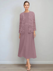 A Line Princess Jewel Neck Tea Length Mother Of The Bride Dresses With Jacket Lace