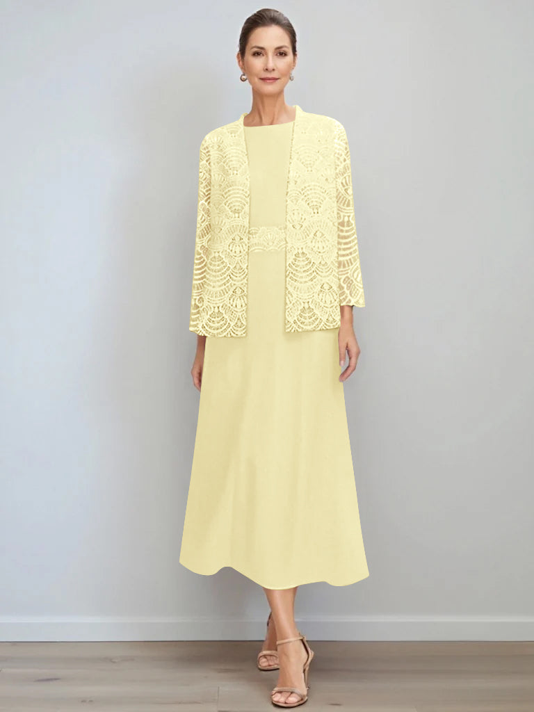 A Line Princess Jewel Neck Tea Length Mother Of The Bride Dresses With Jacket Lace