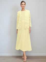 A Line Princess Jewel Neck Tea Length Mother Of The Bride Dresses With Jacket Lace
