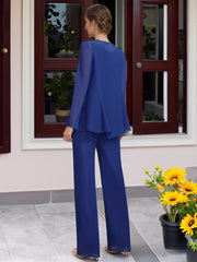 Chiffon 3 Pieces Floor Length Mother Of The Bride Pantsuits With Jacket Beadings
