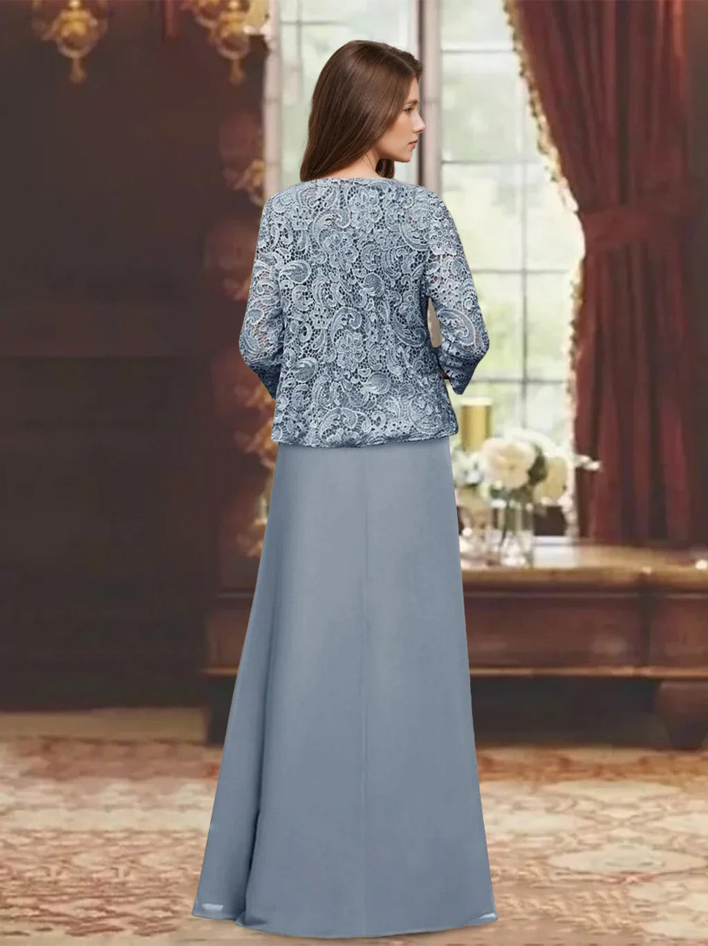 2 Pieces A Line Princess Scoop 3 4 Length Sleeves Floor Length Mother Of The Bride Dresses With Pleated Ruffles