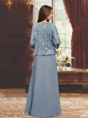 2 Pieces A Line Princess Scoop 3 4 Length Sleeves Floor Length Mother Of The Bride Dresses With Pleated Ruffles