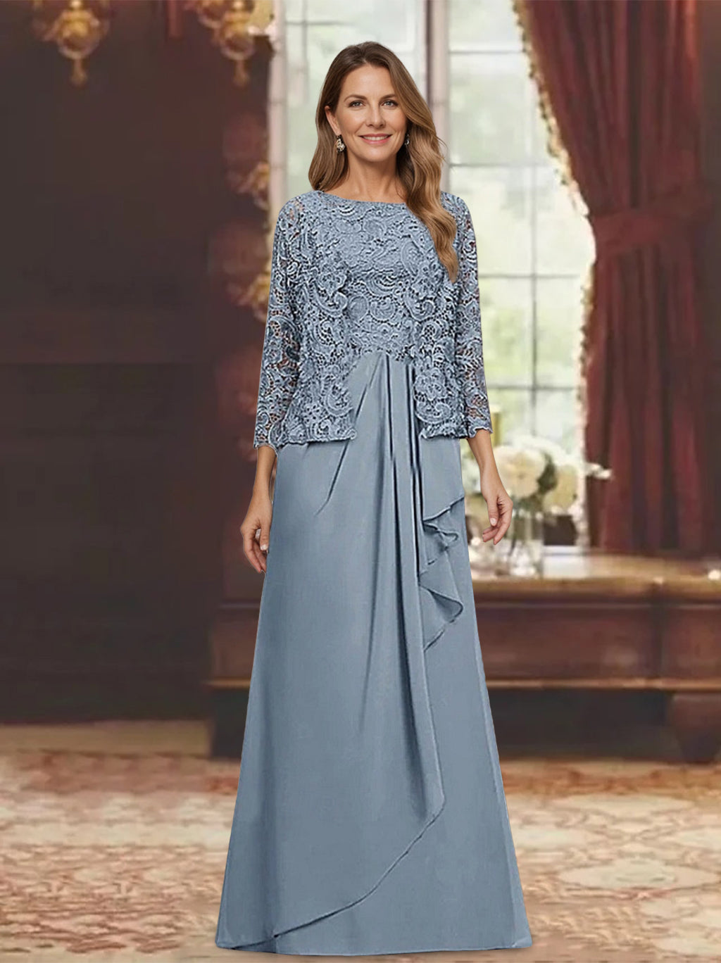 2 Pieces A Line Princess Scoop 3 4 Length Sleeves Floor Length Mother Of The Bride Dresses With Pleated Ruffles