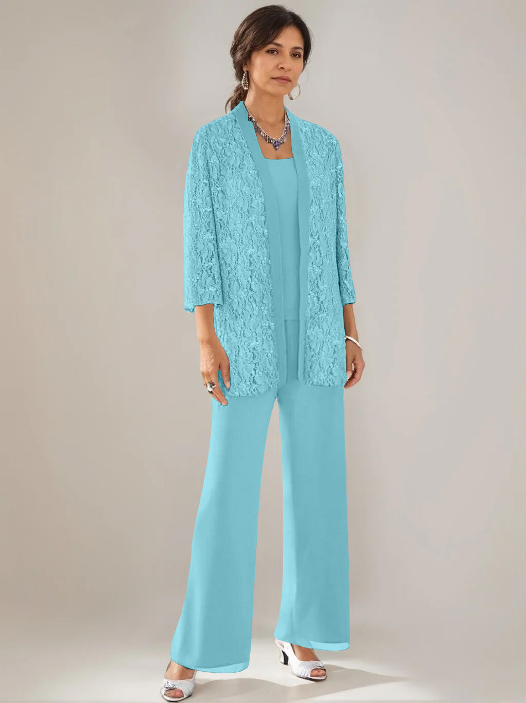 3 Pieces Scoop Neck 3 4 Sleeves Ankle Length Mother Of The Bride Pantsuits With Lace Sequins Jacket