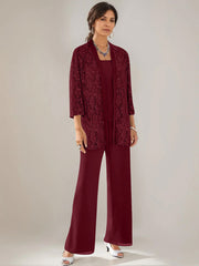 3 Pieces Scoop Neck 3 4 Sleeves Ankle Length Mother Of The Bride Pantsuits With Lace Sequins Jacket