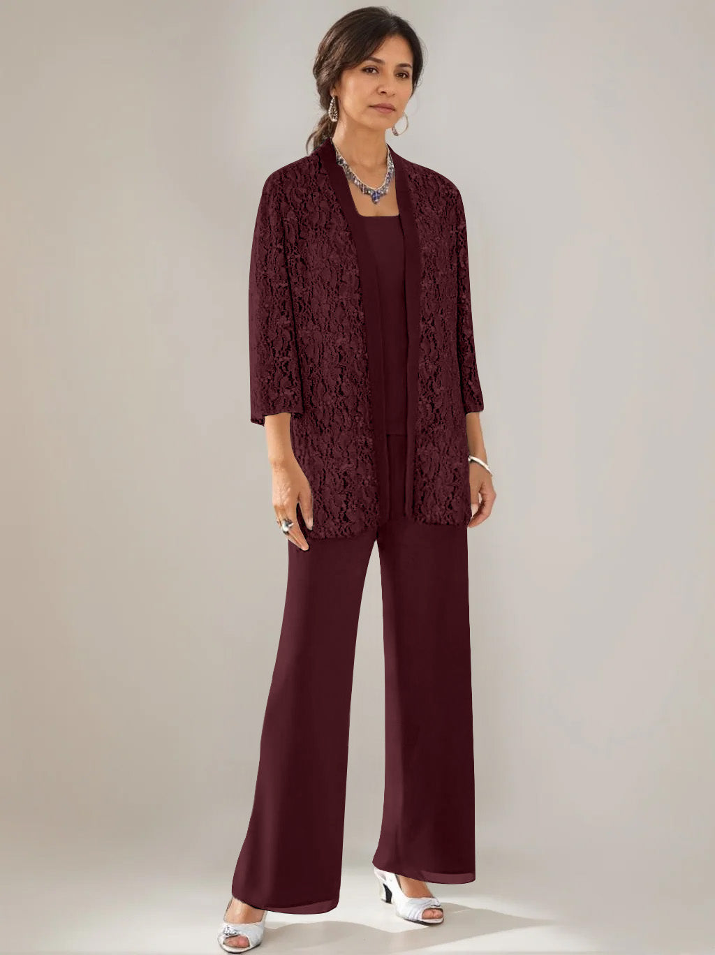 3 Pieces Scoop Neck 3 4 Sleeves Ankle Length Mother Of The Bride Pantsuits With Lace Sequins Jacket