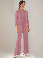 3 Pieces Scoop Neck 3 4 Sleeves Ankle Length Mother Of The Bride Pantsuits With Lace Sequins Jacket