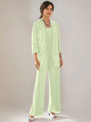3 Pieces Scoop Neck 3 4 Sleeves Ankle Length Mother Of The Bride Pantsuits With Lace Sequins Jacket