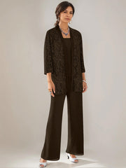 3 Pieces Scoop Neck 3 4 Sleeves Ankle Length Mother Of The Bride Pantsuits With Lace Sequins Jacket
