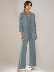 3 Pieces Scoop Neck 3 4 Sleeves Ankle Length Mother Of The Bride Pantsuits With Lace Sequins Jacket