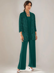 3 Pieces Scoop Neck 3 4 Sleeves Ankle Length Mother Of The Bride Pantsuits With Lace Sequins Jacket