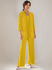3 Pieces Scoop Neck 3/4 Sleeves Ankle-Length Mother of the Bride Pantsuits with Lace & Sequins & Jacket