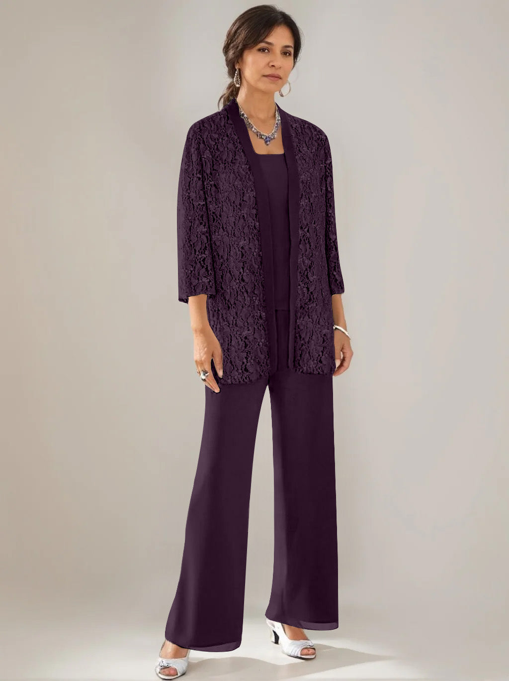 3 Pieces Scoop Neck 3 4 Sleeves Ankle Length Mother Of The Bride Pantsuits With Lace Sequins Jacket