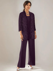3 Pieces Scoop Neck 3 4 Sleeves Ankle Length Mother Of The Bride Pantsuits With Lace Sequins Jacket