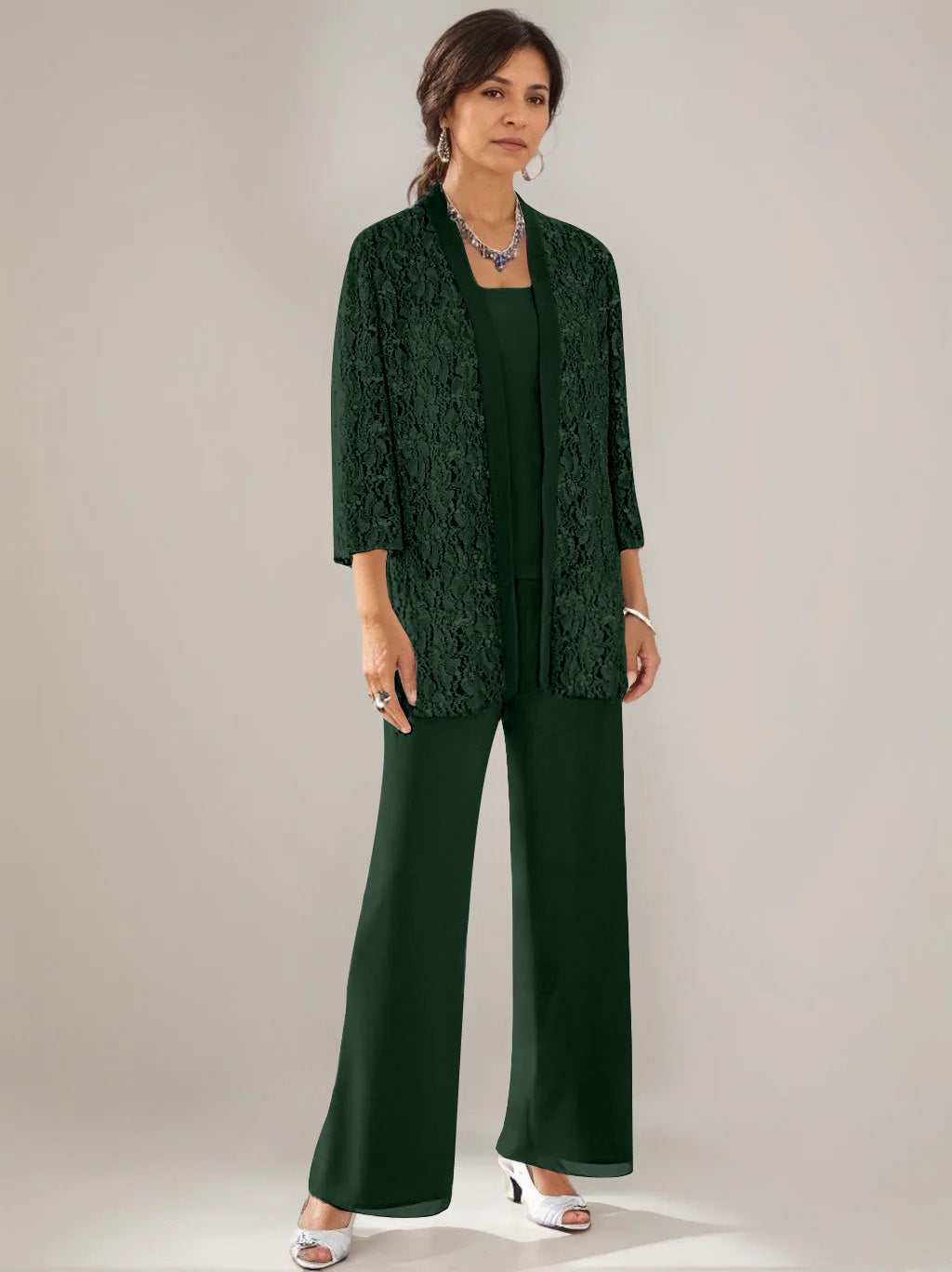 3 Pieces Scoop Neck 3 4 Sleeves Ankle Length Mother Of The Bride Pantsuits With Lace Sequins Jacket