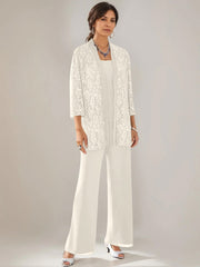 3 Pieces Scoop Neck 3 4 Sleeves Ankle Length Mother Of The Bride Pantsuits With Lace Sequins Jacket