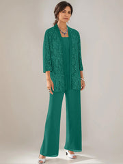 3 Pieces Scoop Neck 3 4 Sleeves Ankle Length Mother Of The Bride Pantsuits With Lace Sequins Jacket