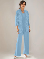 3 Pieces Scoop Neck 3 4 Sleeves Ankle Length Mother Of The Bride Pantsuits With Lace Sequins Jacket