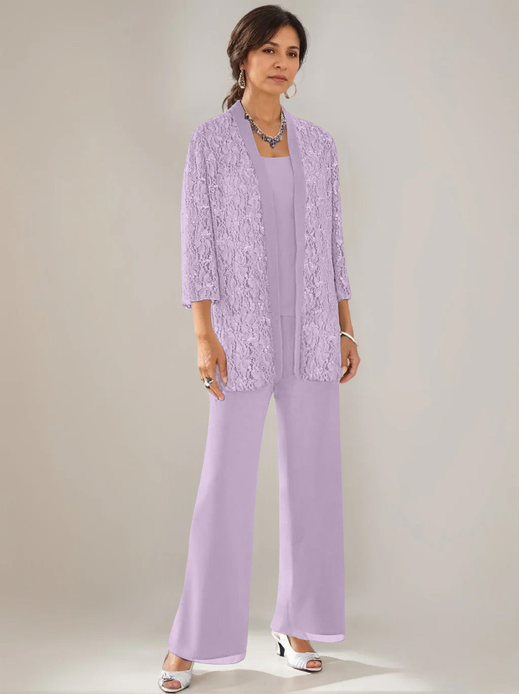 3 Pieces Scoop Neck 3 4 Sleeves Ankle Length Mother Of The Bride Pantsuits With Lace Sequins Jacket
