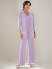3 Pieces Scoop Neck 3 4 Sleeves Ankle Length Mother Of The Bride Pantsuits With Lace Sequins Jacket