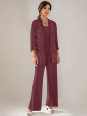 3 Pieces Scoop Neck 3 4 Sleeves Ankle Length Mother Of The Bride Pantsuits With Lace Sequins Jacket