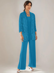 3 Pieces Scoop Neck 3 4 Sleeves Ankle Length Mother Of The Bride Pantsuits With Lace Sequins Jacket